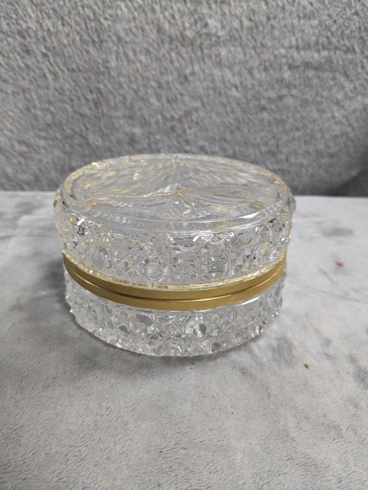 Vintage French Cut Crystal Glass and Brass Round Hinged Jewelry / Powder Box 4