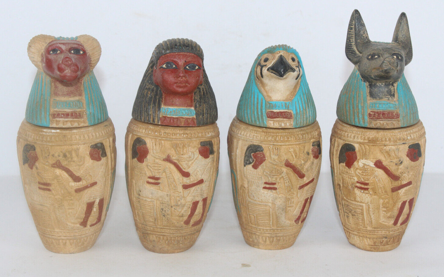 4 RARE ANCIENT EGYPTIAN ANTIQUE CANOPIC Jars Horus Sons Pharaonic Statues (B00+)