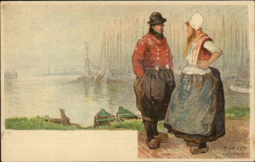 Cassiers Marken Holland Dutch Costumes Ships Harbor c1900 Fine Litho Postcard