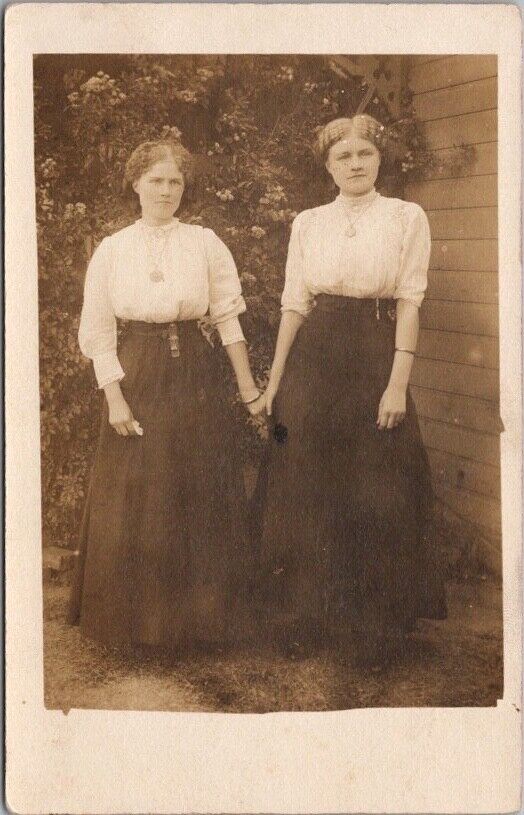 1910s RPPC Real Photo Postcard Two Affectionate Women Holding Hands / Fashion