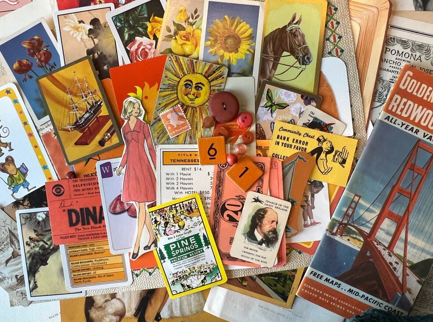 Vintage Ephemera Antique Paper  Junk Journal Kit Mixed Media Crafts Orange
