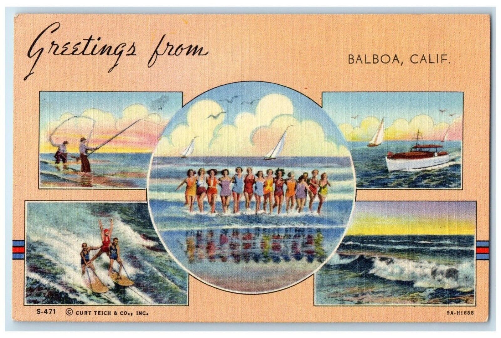 1948 Greetings From Beach Swimsuit Balboa California Multiview Vintage Postcard