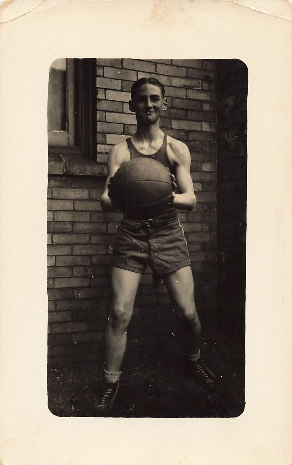 1929 RPPC Calvary Single Player Holding Basketball Photo Real Postcard 