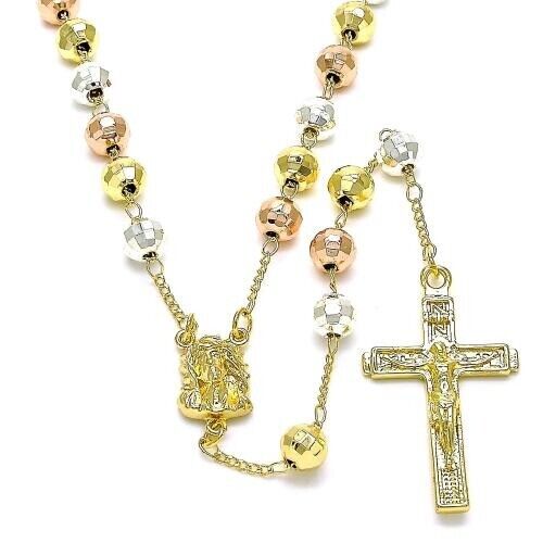BEAUTIFUL TRICOLOR LARGE 18K GOLD OVER SILVER  ROSARY NECKLACE