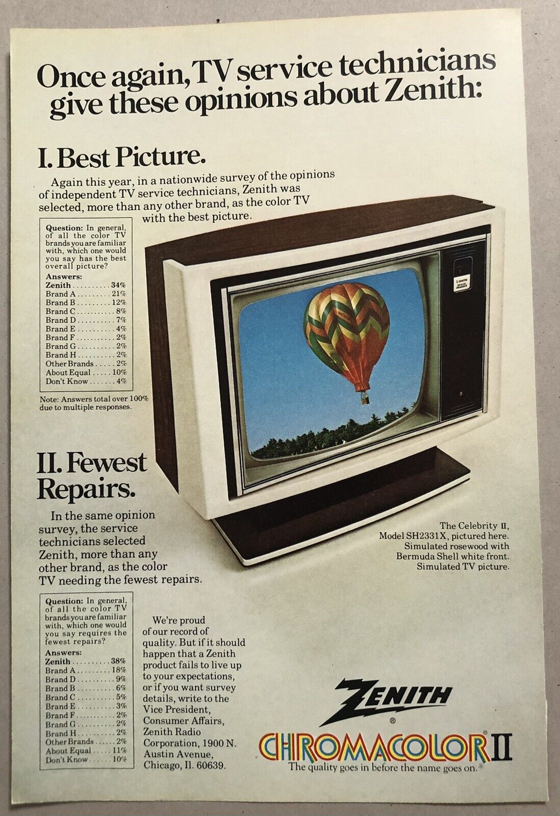 Vintage 1977 Original Print Advertisement Full Page - Zenith Chromacolor II TV