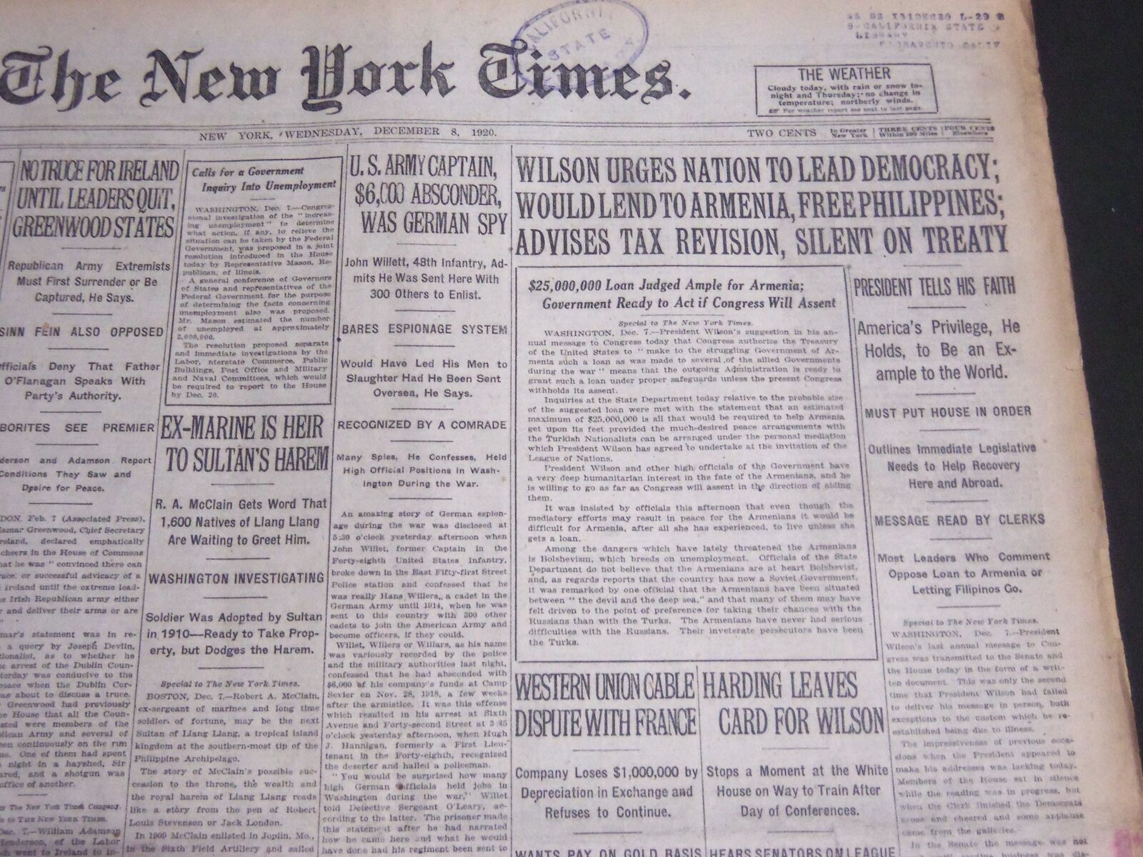 1920 DECEMBER 8 NEW YORK TIMES - WILSON URGES NATION TO LEAD DEMOCRACY - NT 6757