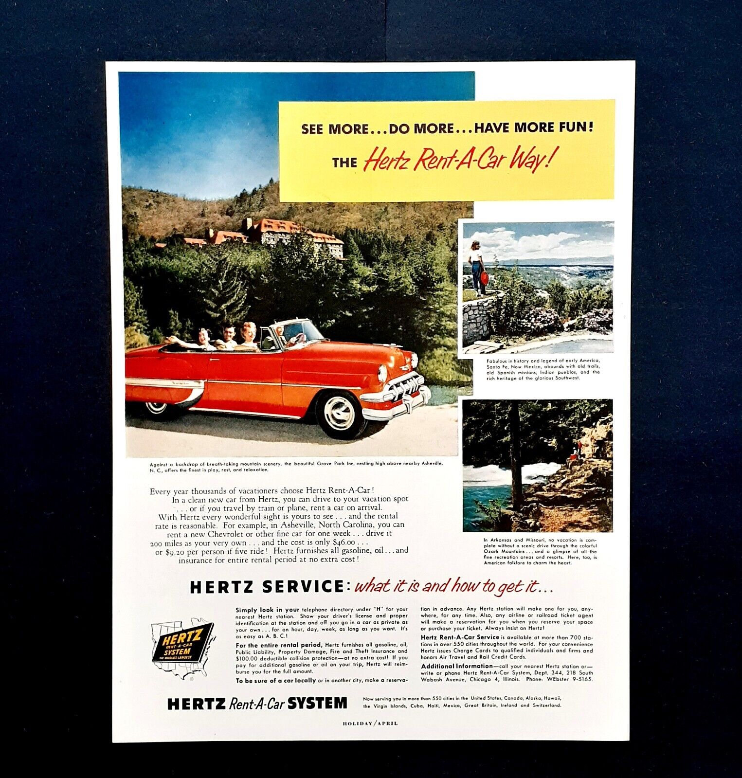 Hertz rent a car ad vintage 1954 North Carolina Grove park inn advertisement
