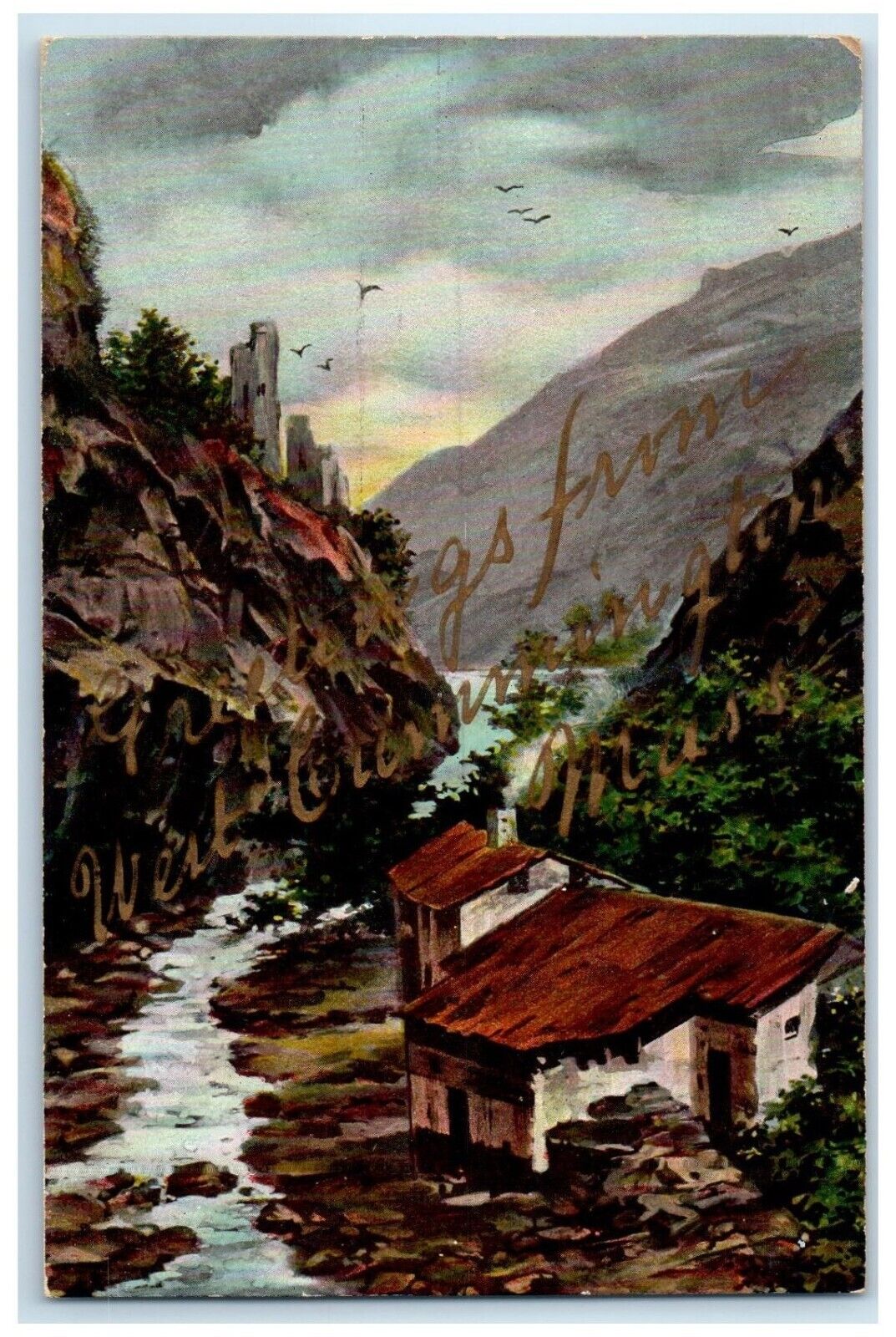 c1910 Greetings From Lake Glitter West Cummington Massachusetts Vintage Postcard