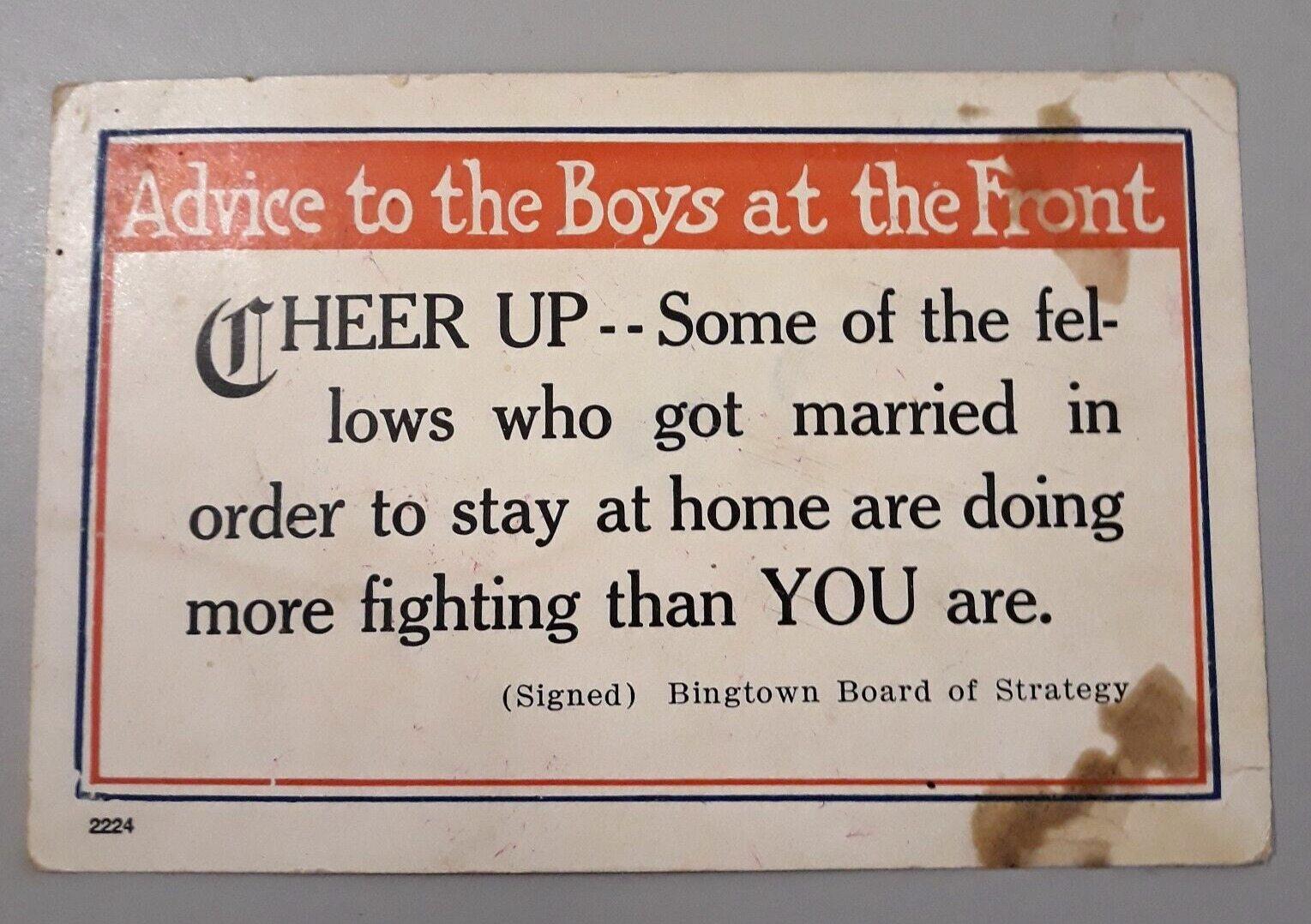 Postcard Vintage Patriotic - Advice to the Boys at the Front CHEER UP....