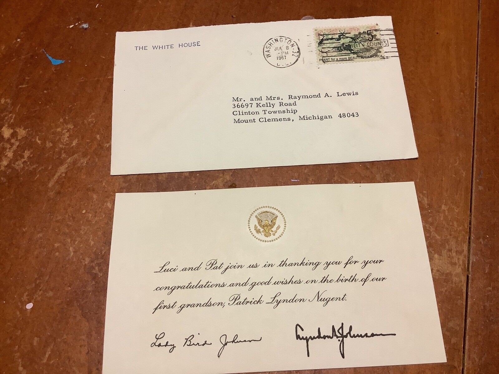 * RARE*  1967 President Lyndon B. Johnson White House Thankyou card - Son Birth