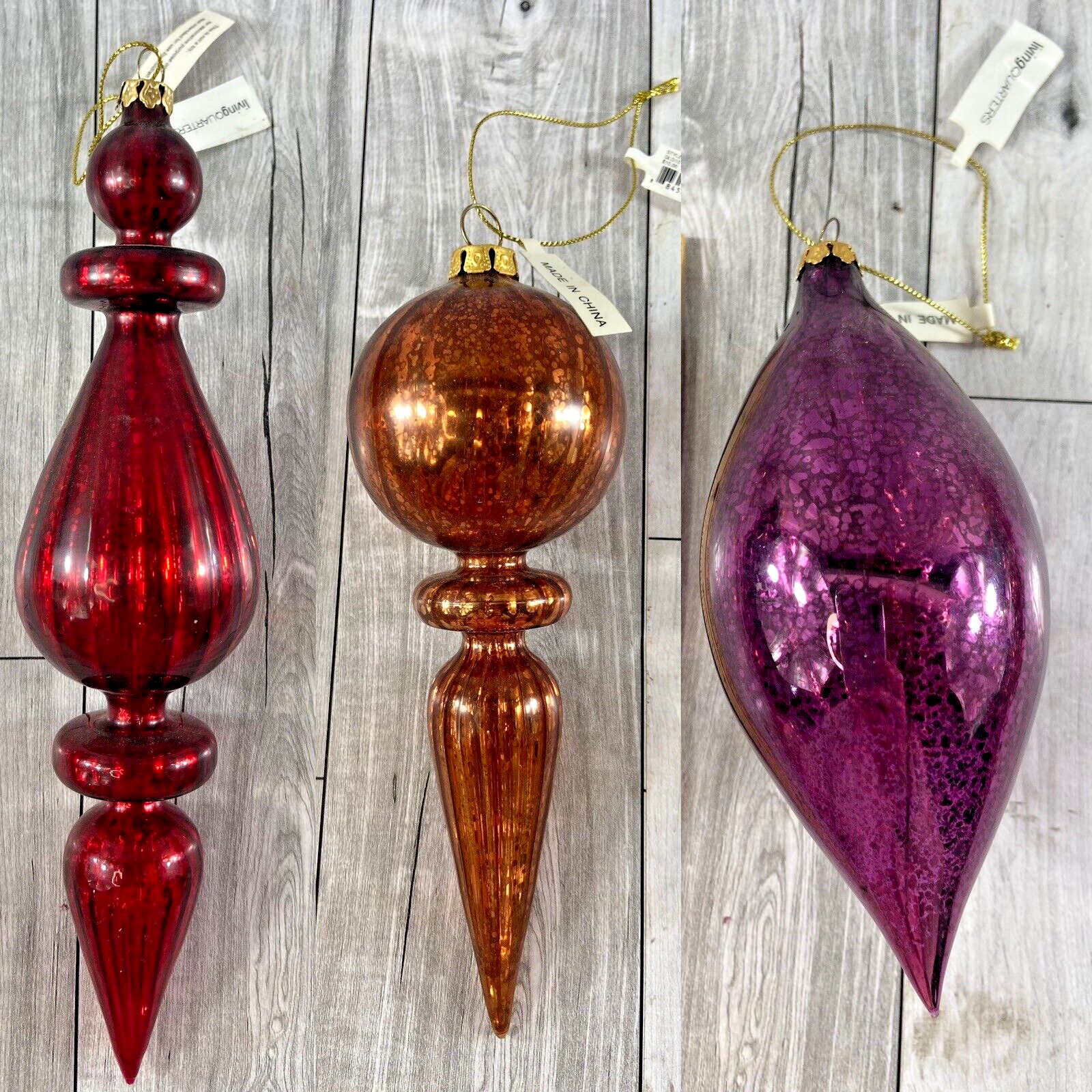 Mercury Glass 3 pc Ornament Set- Purple, Red & Brown by Living Quarters 6-9 In.