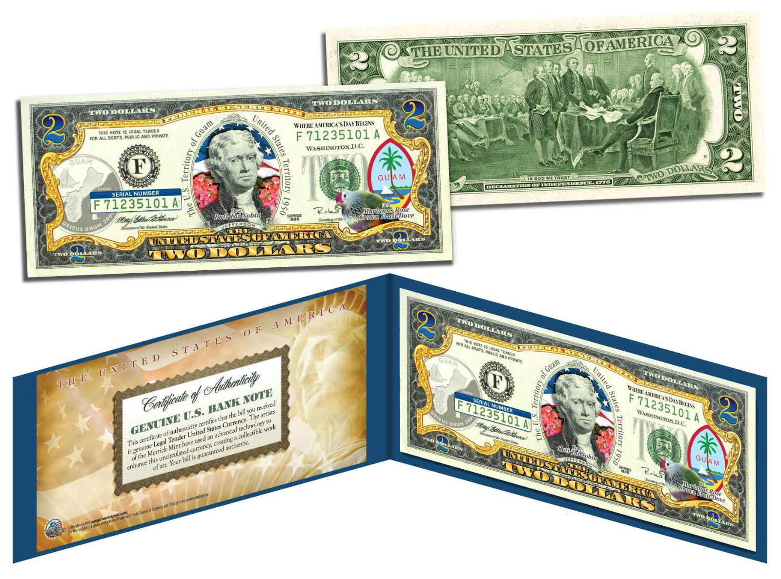 GUAM Statehood $2 Two-Dollar Colorized U.S. Bill - Genuine Legal Tender Currency