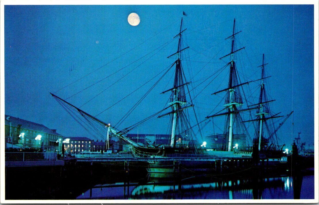 Night View USS Constitution Old Ironsides Boston Massachusetts Vintage Postcard