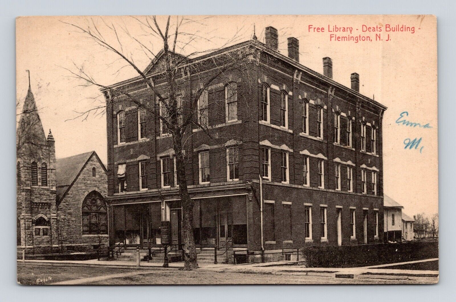 Antique Postcard FREE LIBRARY DEATS Building Flemington NJ 1907 Cancel Vintage