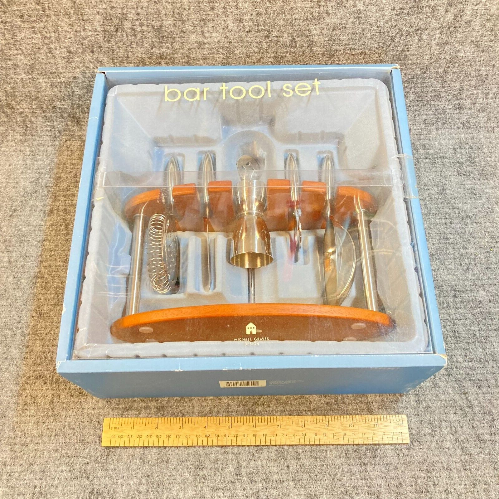 Michael Graves Design Bar Tool Set Wood Stand 6 Stainless Steel Tools