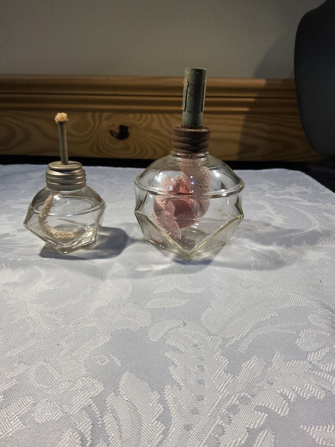 Pair Vintage Glass Jewelers Alcohol Oil Lamp Lab Burner Miniature Large Faceted