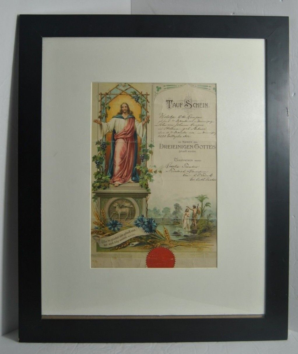 TAUF SCHEIN December 1915 Germany Certificate of Baptism Framed