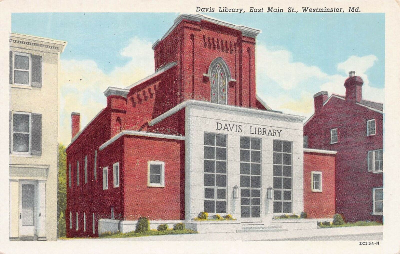 Davis Library, East Main St., Westminster, Maryland, Early Postcard, Unused 