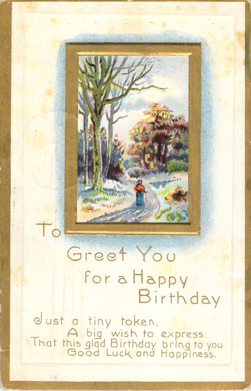 Vtg Postcard Birthday Greetings C1910s Woodland Scene Embossed Gilt Posted 1911