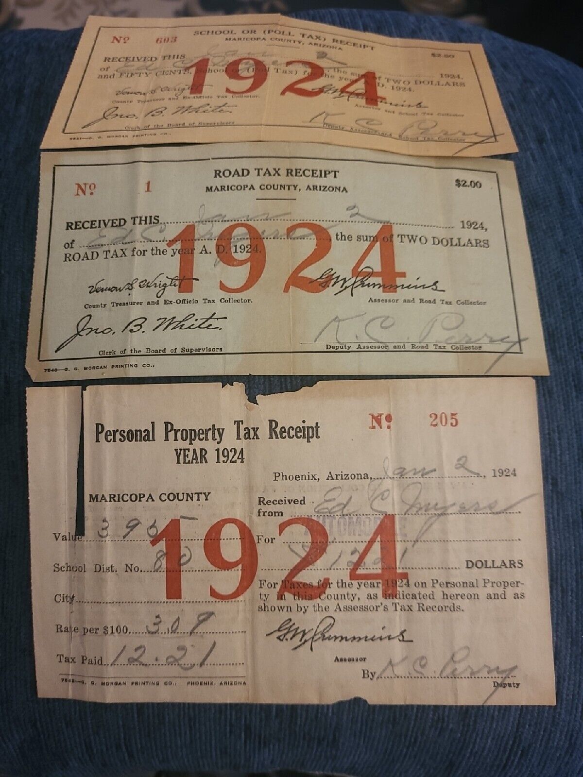 1924 Maricopa County Phoenix AZ Road School Personal Tax Receipt