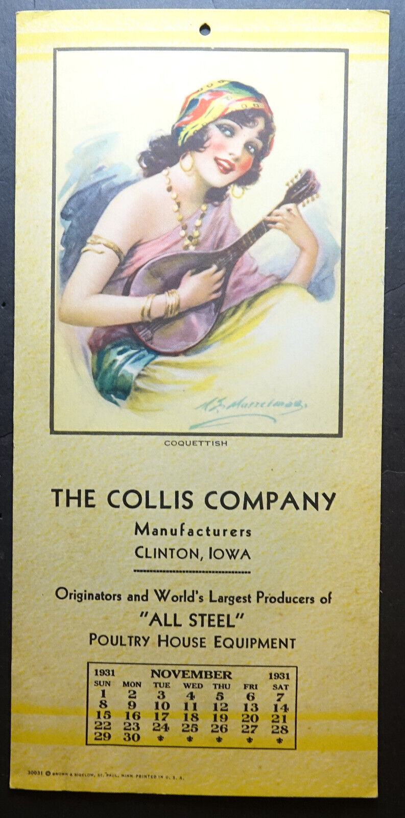 November 1931 Gypsy Girl Playing Mandolin calendar Clinton Iowa