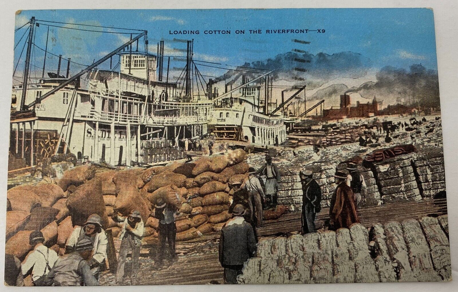 1941 Loading Cotton On The Riverfront Onto Boat Postcard