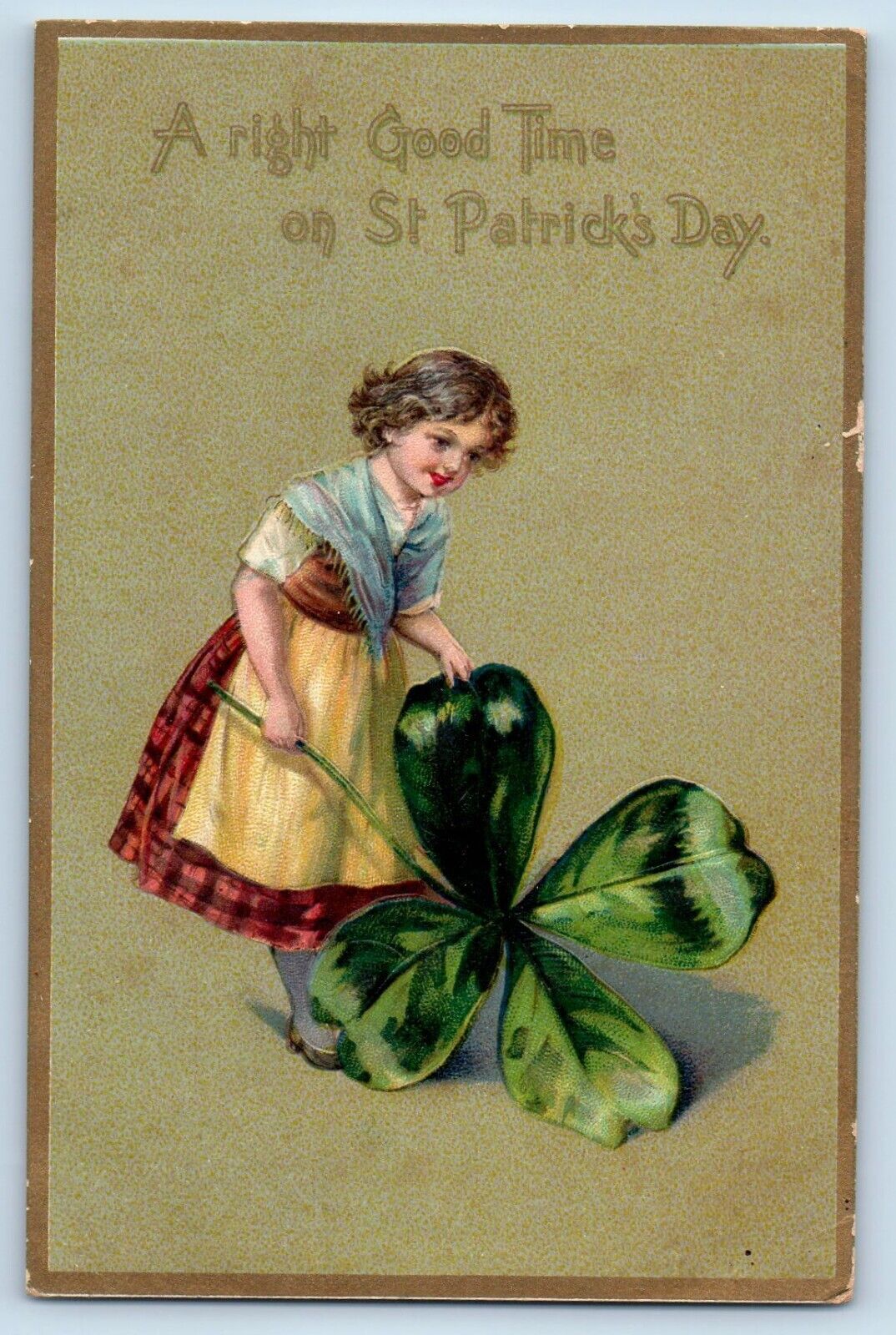 St. Patrick\'s Day Postcard Girl With Big Shamrock Embossed Tuck c1910\'s Antique