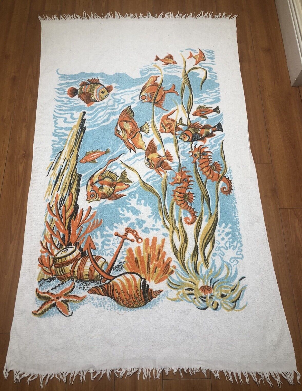 Vintage Beach Towel Fish Fringe White Orange Thin Cotton 80’s 