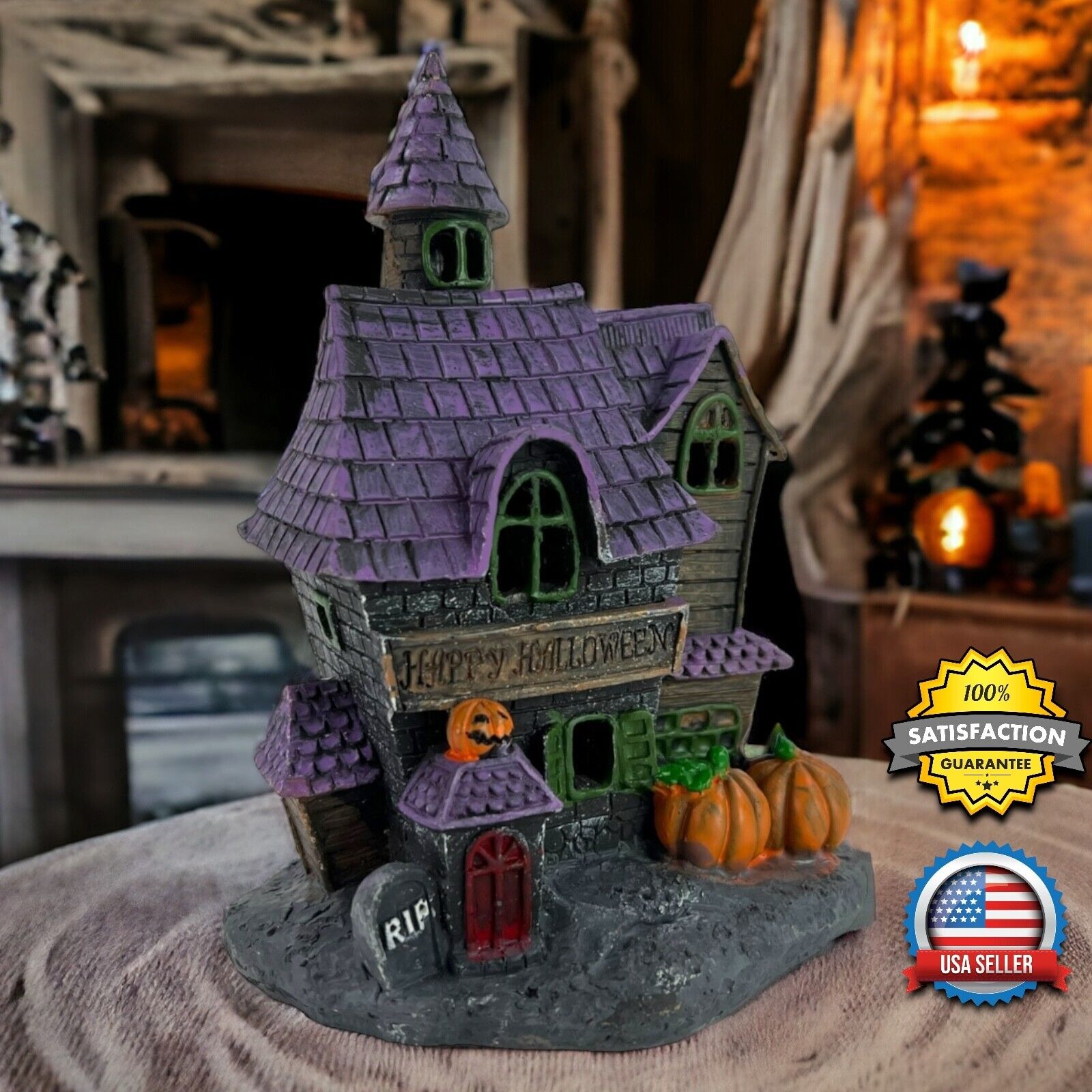 Light Up Haunted House Spooky Halloween Tabletop Decor Figurine Resin 6.6x4.7\