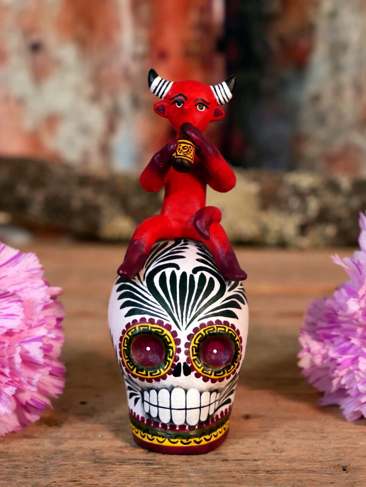 Sm Sugar Skull Devil Baby drinking Beer Day of the Dead Puebla Handmade Mexico