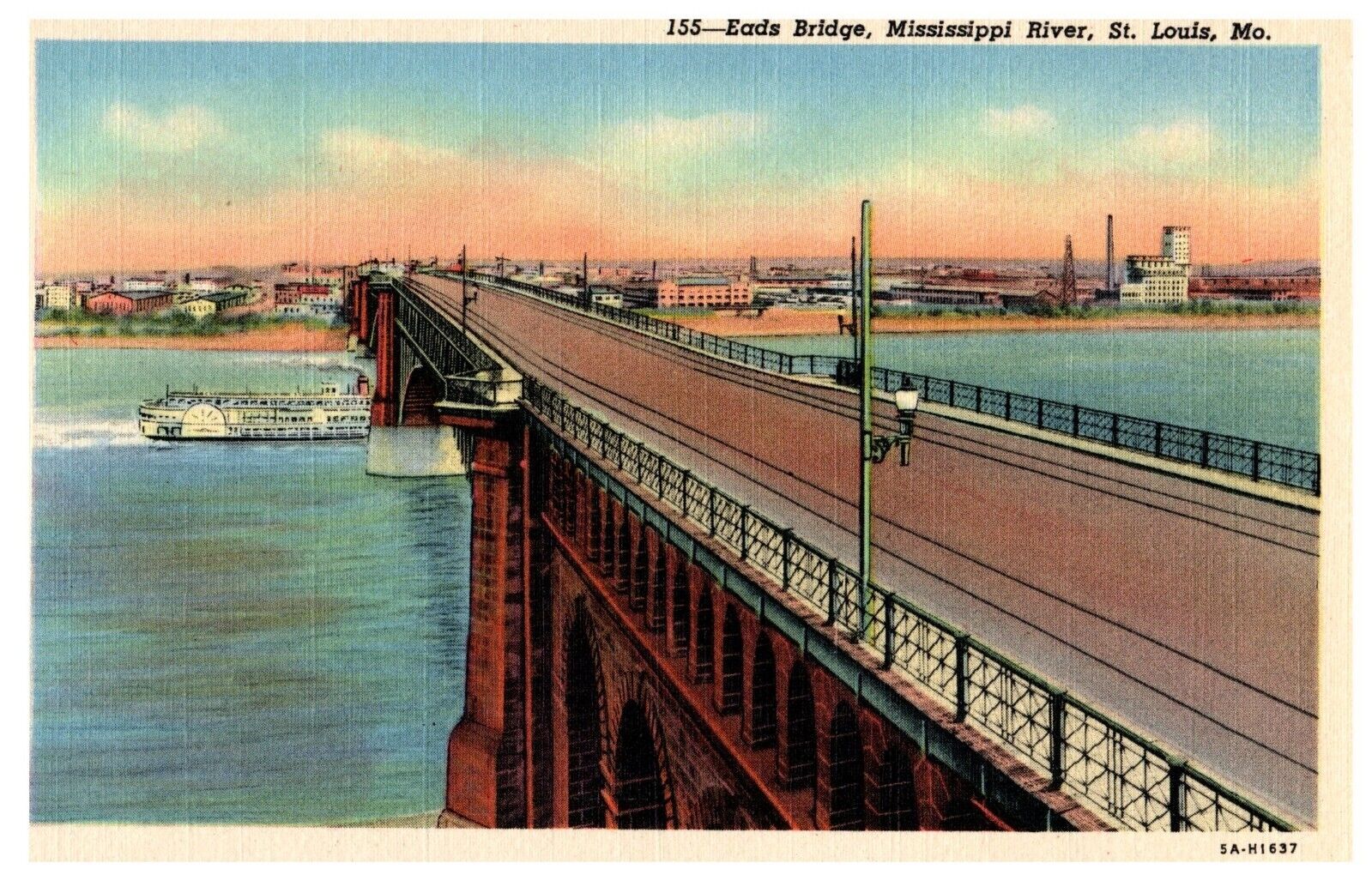 Eads Bridge Mississippi River St Louis Missouri Steamboat Linen Postcard 
