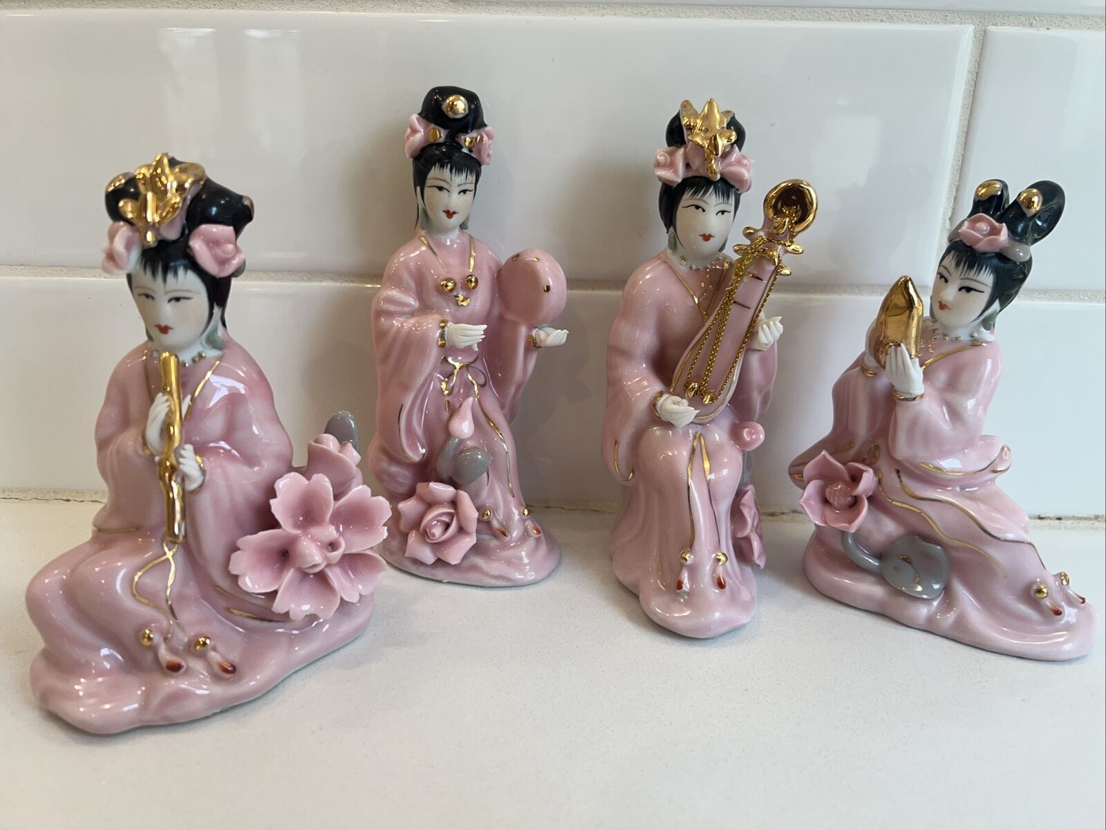 4 Vintage MCM Porcelain Asian Geisha Musicians Figurines Blossoms Pink Gold