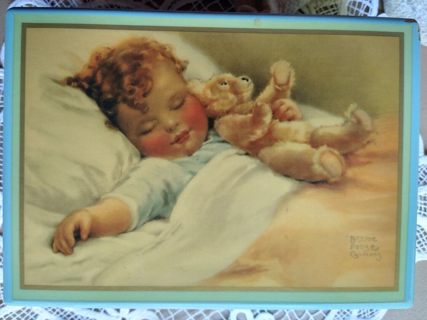 Bessie Pease Gutmann Musical Jewelry Box Happy Dreams 1987 Baby Teddy Bear