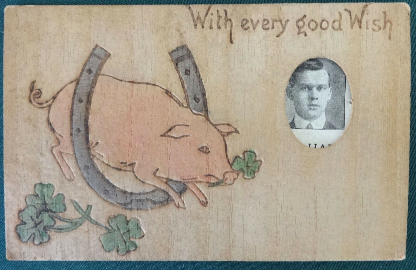 Wooden Postcard Pig Photo Inset Horse Shoe Good Luck Wood 1906 J W N Co Patent