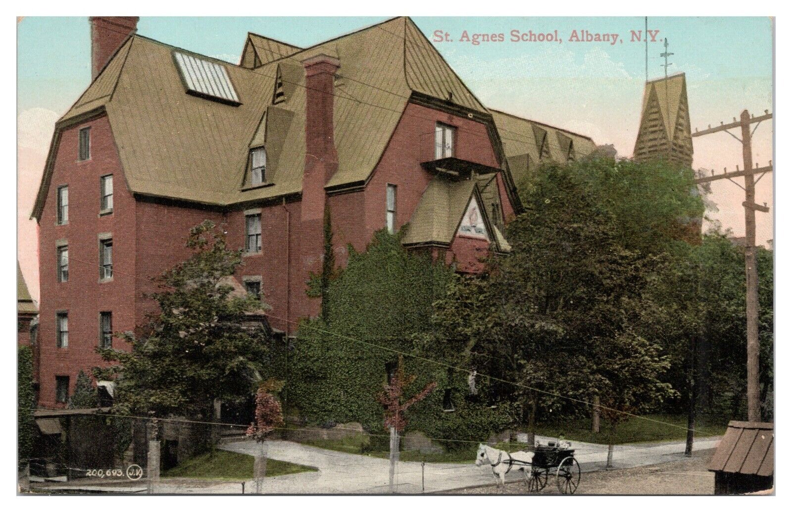 Albany New York Vintage Postcard c1912 St. Agnes School Street View Horse Buggy