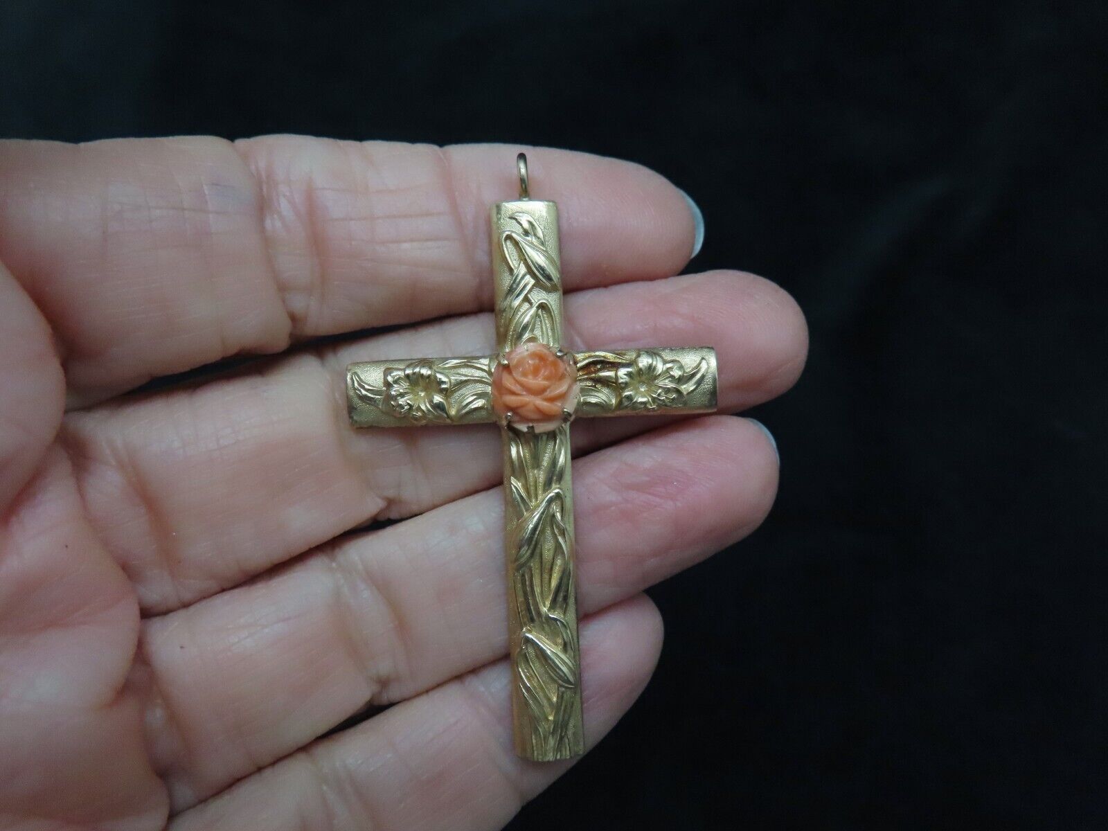 Vintage 1880\'s Rolled Gold Cross w/Genuine Carved Coral Cross