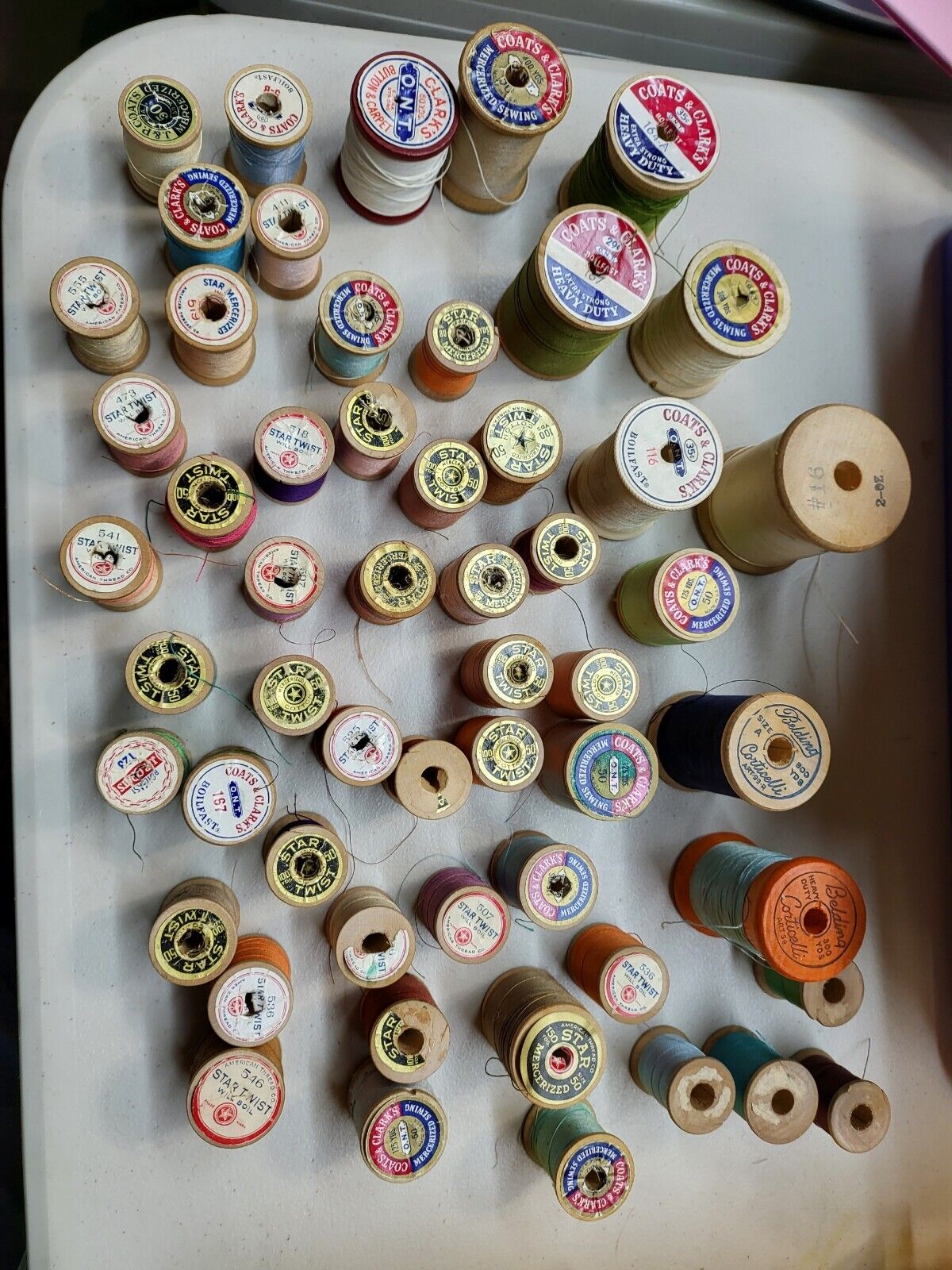 Lot of 53 Vintage Wooden Spools of Thread Sewing Antique Cotton Color Variety