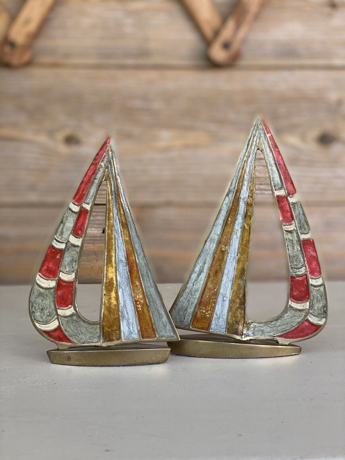 Pair of vintage painted brass sailboat nautical decor boat ship decor threaded ?