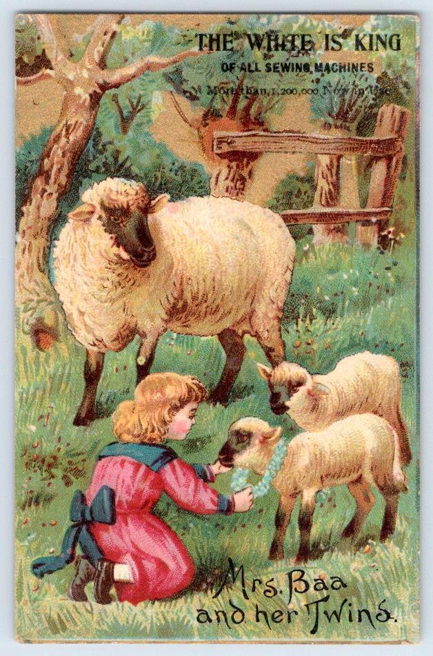 1880\'s WHITE IS KING SEWING MACHINES*SHEEP*LAMBS*MRS BAA & HER TWINS*TRADE CARD