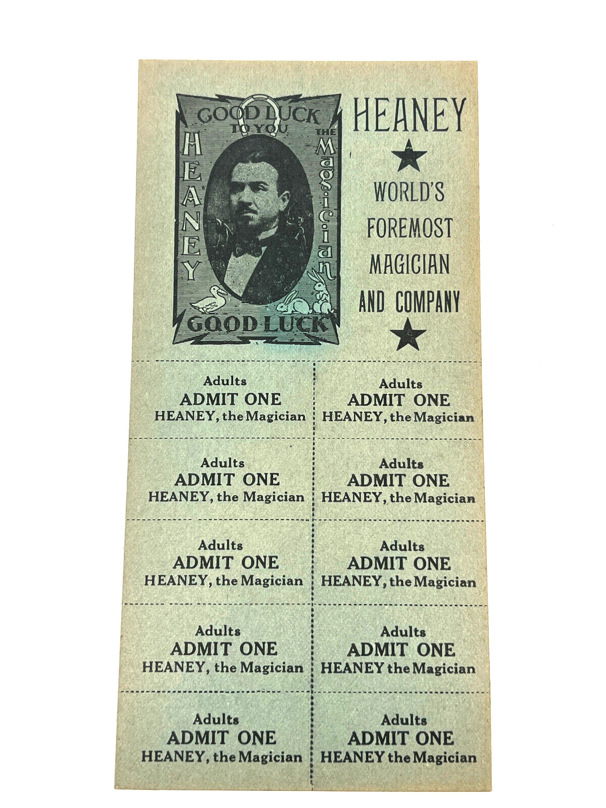 Antique 1930\'s Heaney Magician Unused Ticket Sheet GOOD LUCK advertising sign