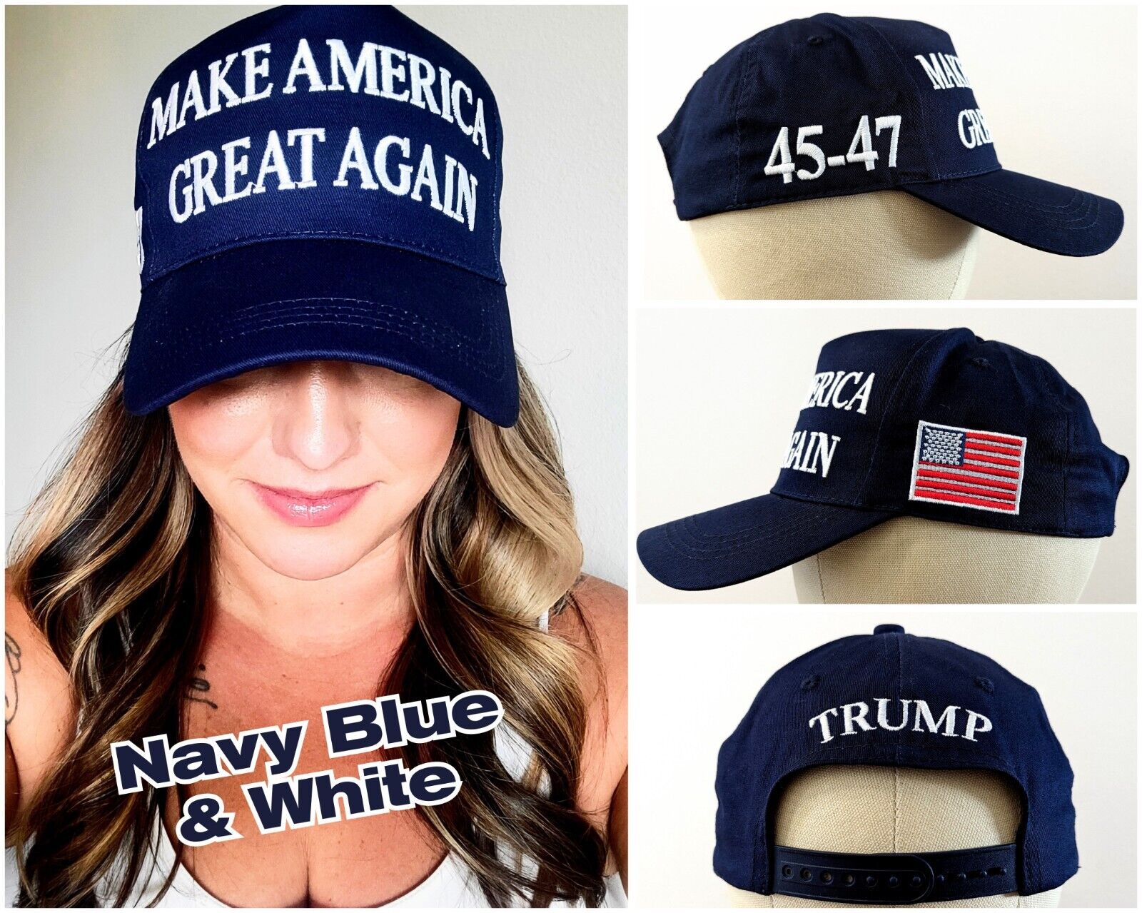 Navy Blue & White Official Trump 45-47 Make America Great Again 2024 MAGA Hat