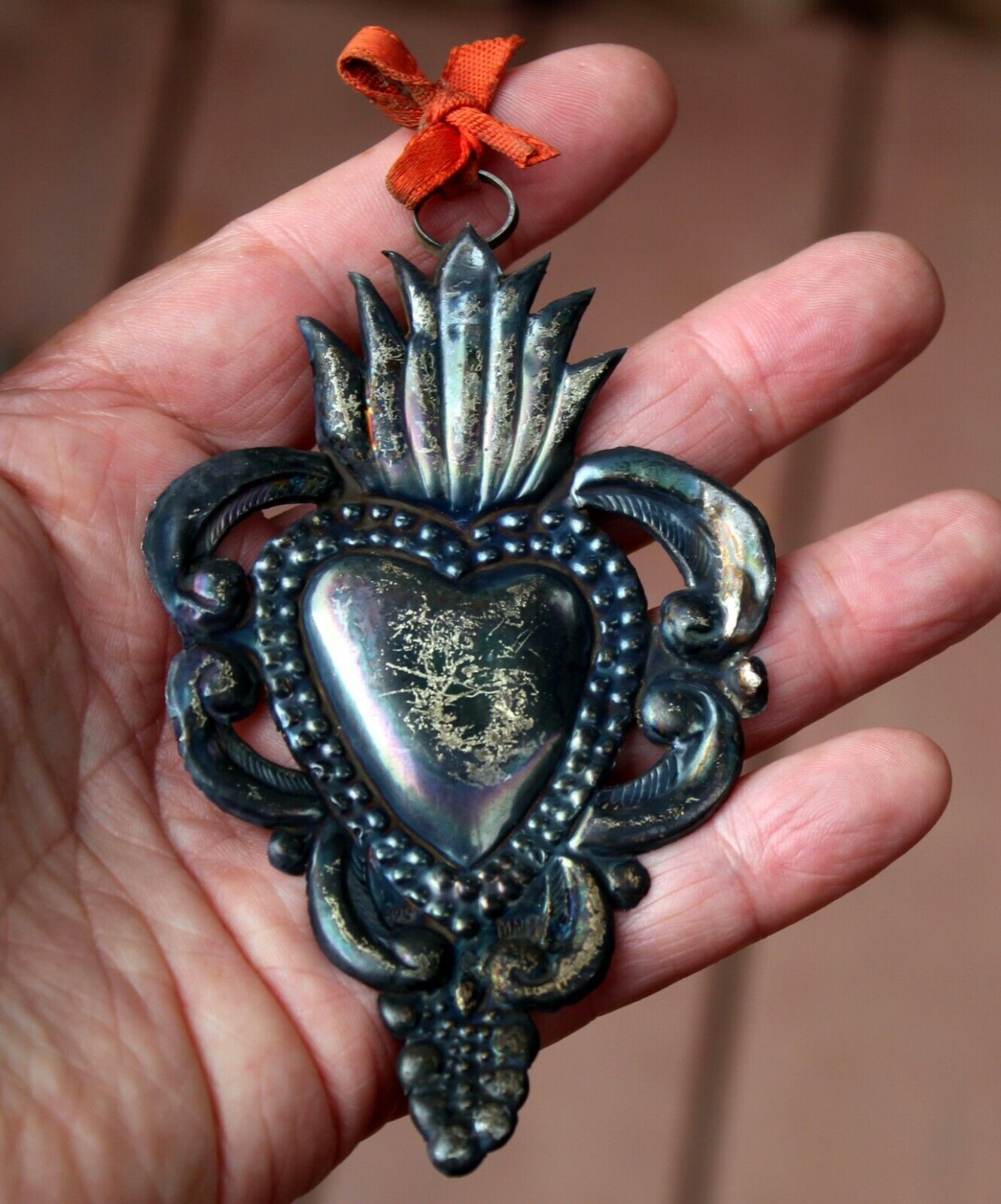 Large Antique Sterling Silver SACRED HEART MIRACLE EX VOTO DEVOTIONAL VOW F 28