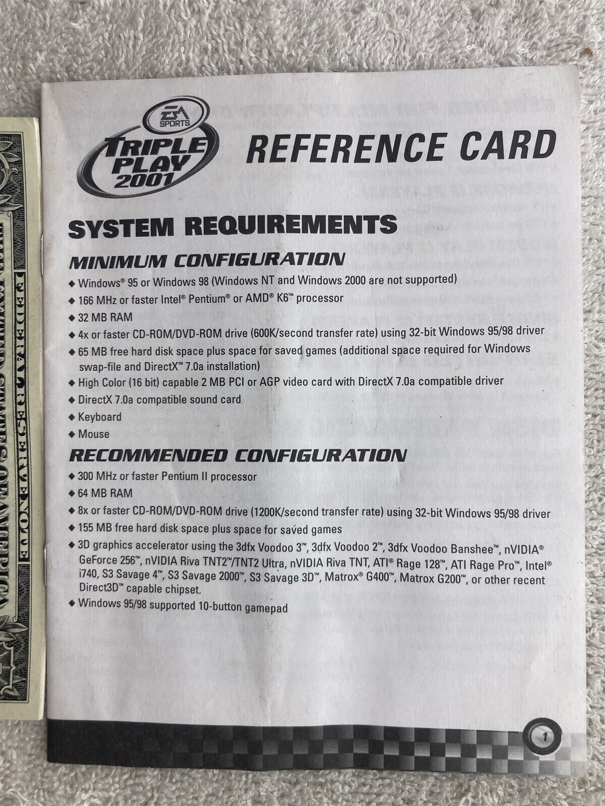 2001 Vintage PC Game EA Sports Triple Play Reference Card