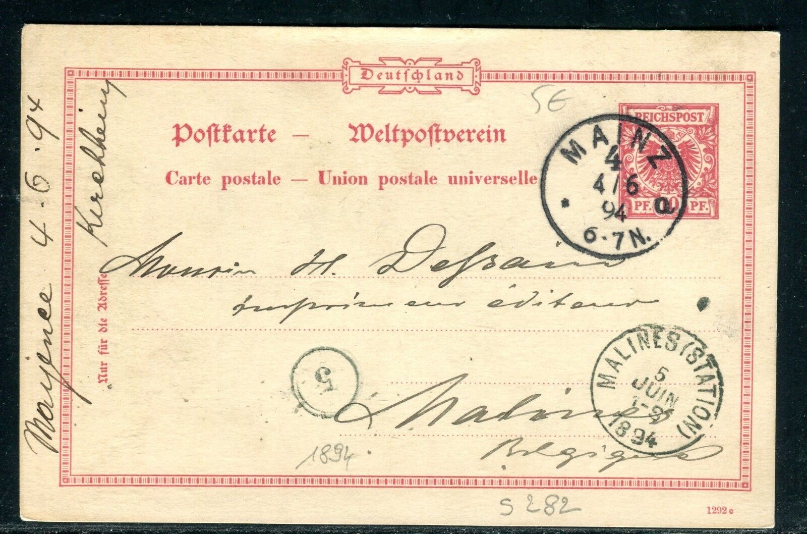 Germany - Mainz Postal Entire for Belgium in 1894