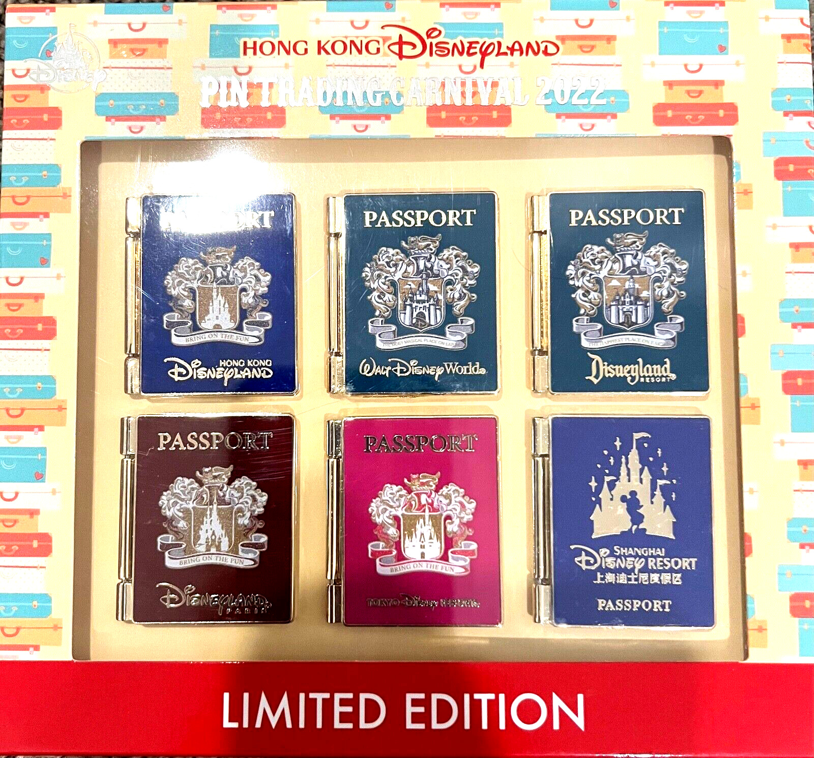 Disney HKDL Trading Carnival 2022 Box of 6 Passport Pins w/Orange Bird Oswald
