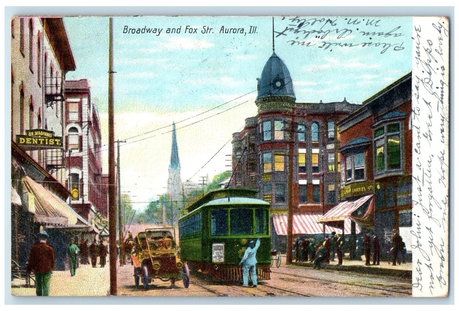 1908 Broadway Fox Street Trolley Classic Car Dirt Road Aurora Illinois Postcard