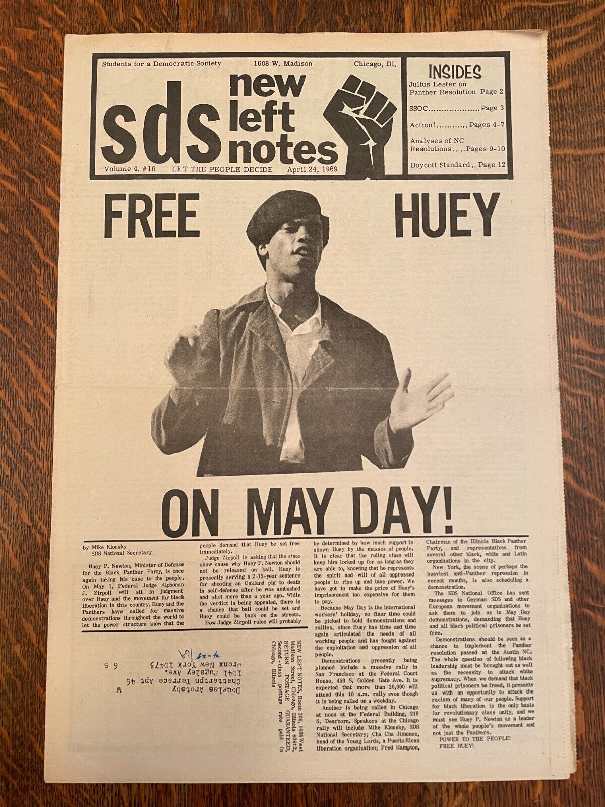 SDS New Left Notes April 24 1969 Free Huey Newton On May Day Black Panther Party