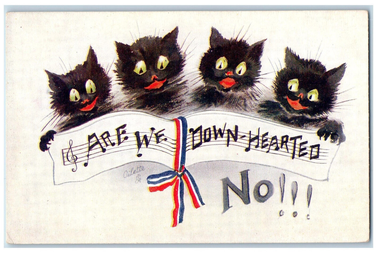 Postcard Four Black Cats Are We Down Hearted Music Note c1910 Oilette Tuck Cats