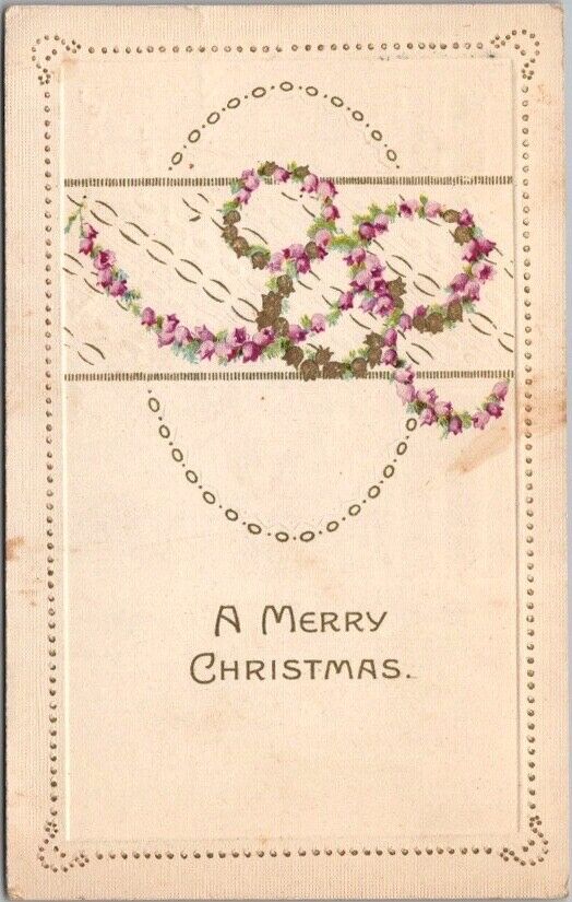 1910s MERRY CHRISTMAS Embossed Postcard Purple Flower Garland / Wreaths - 1913