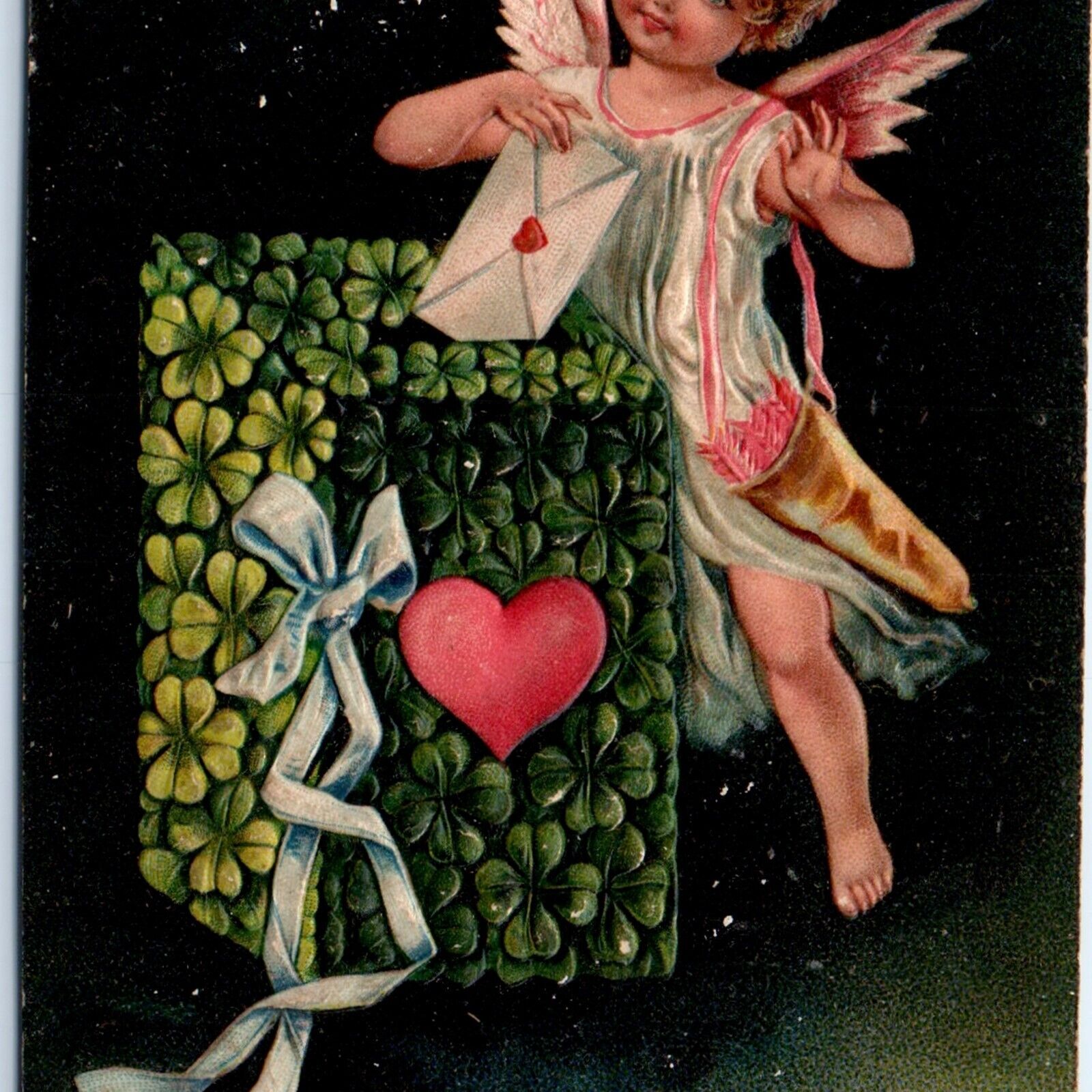 1909 To My Valentine Adorable Girl Pink Wings Cupid Clover Mailbox Germany A184